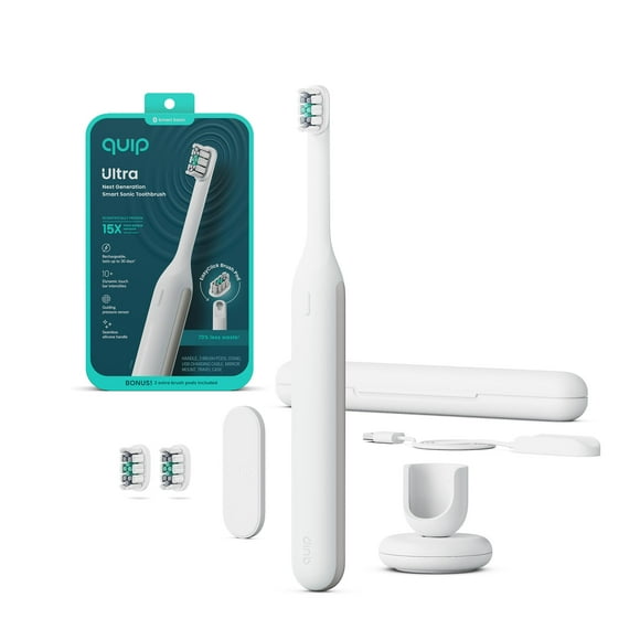 Quip Ultra Next Generation Smart Toothbrush - Timed Electric Toothbrush with Case - Replaceable Brush Head, Soft Bristles, Silicone Handle, 30-Day Battery Life - Travel Toothbrush - Stone