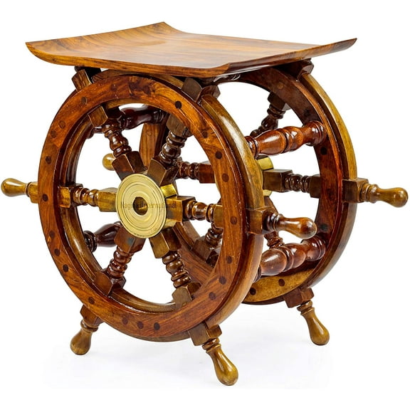 Nagina International Wooden Ship Wheel Home Decor Table | Pirate's Antique Brass Hub Motiff (16 Inches)