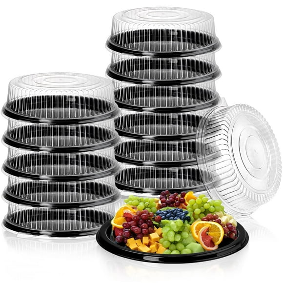 Frcctre 12 Pack 12 Inch Plastic Serving Tray with Lid, Disposable Plastic Food Serving Platters with Clear Dome Lids, Stackable R