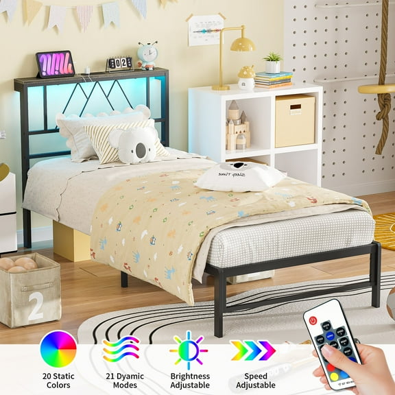 Yoneston Twin Size Platform Bed Fame with LED and Charging Station Storage Headboard No Box Spring Need for Kids Furniture, Black