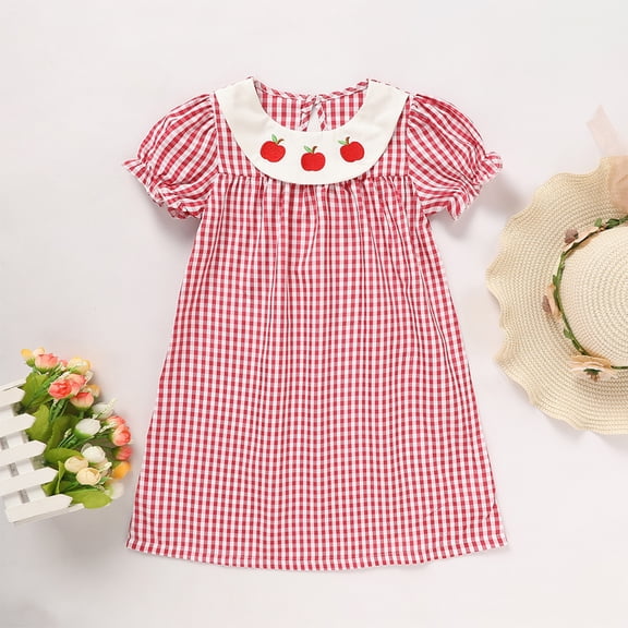 ZEHJUHAN Toddler Girls Plaid Dress Puff Sleeves Apple Embroidery Back to School Outfit for Daily Wear Red,2Y
