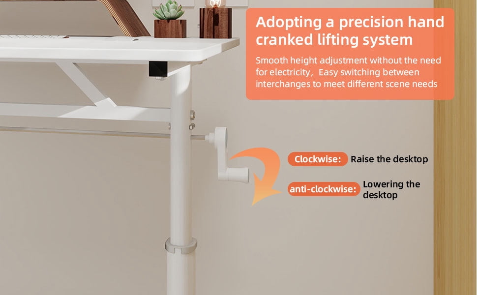 Lisonu Adjustable Standing Desk, Manual Hand Crank Sit-Stand Workstation, 33x24 Inch Home Office Computer Desk, Ergonomic Height-Adjustable Study Table, White Wood and Iron Frame