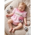 thumbnail image 6 of BemeyourBBs Newborn Baby Girls Summer Clothes Infant Baby Girl Football Outfit Striped Bubble Romper Football Sister Scoccer Letter Embroidery Side Bow Short Sleeve Bodysuit Jumpsuit Playsuit, 6 of 9