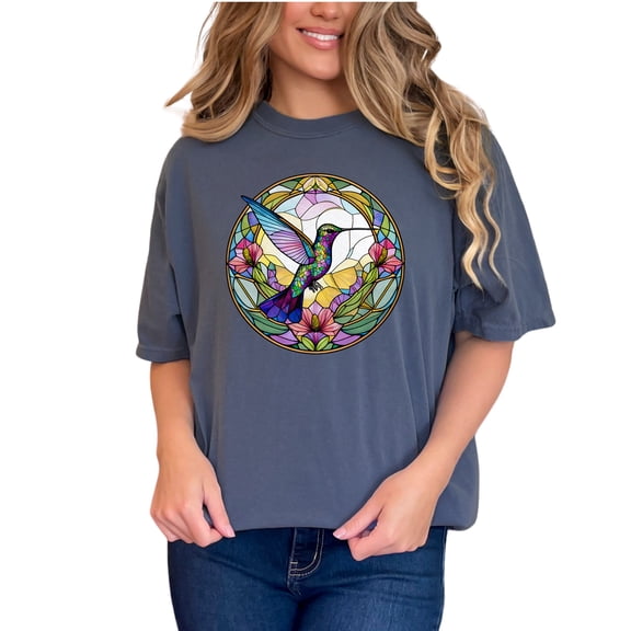 Hummingbird Stained Glass Art Tshirt, Colorful Bird Graphic Tee, Nature Lover Gift, Floral Pattern Shirt, Unique Animal Design Top, Denim Comfort Colors T-Shirt, Small