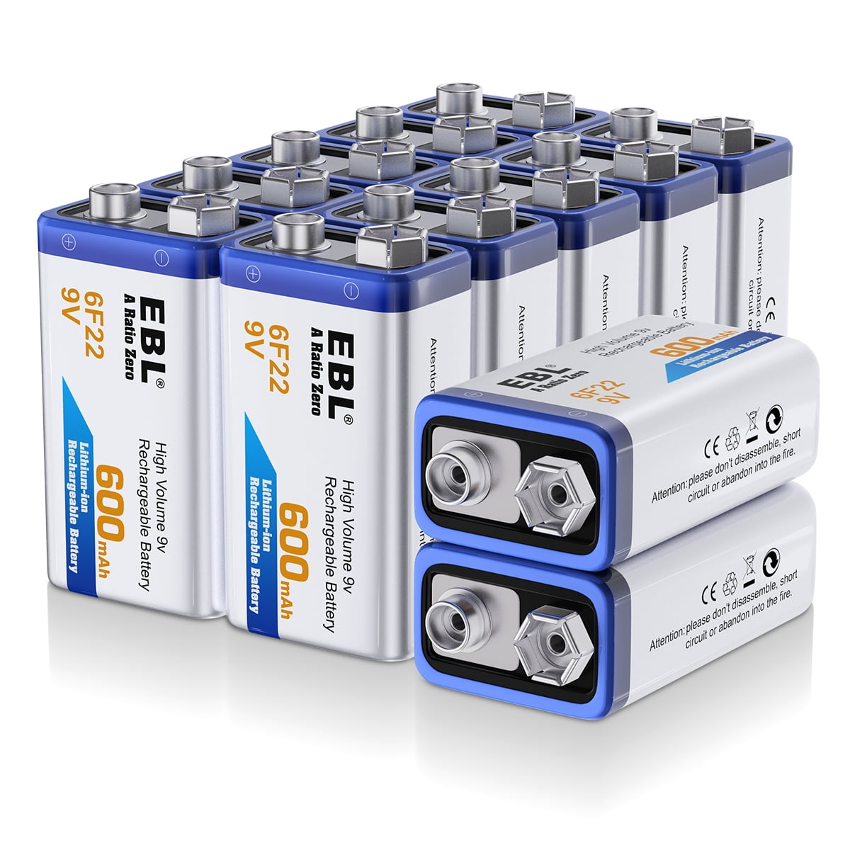 12 Pack EBL 600mAh 9V 6F22 Lithium-ion Rechargeable Batteries 9 Volt Li-Ion Battery