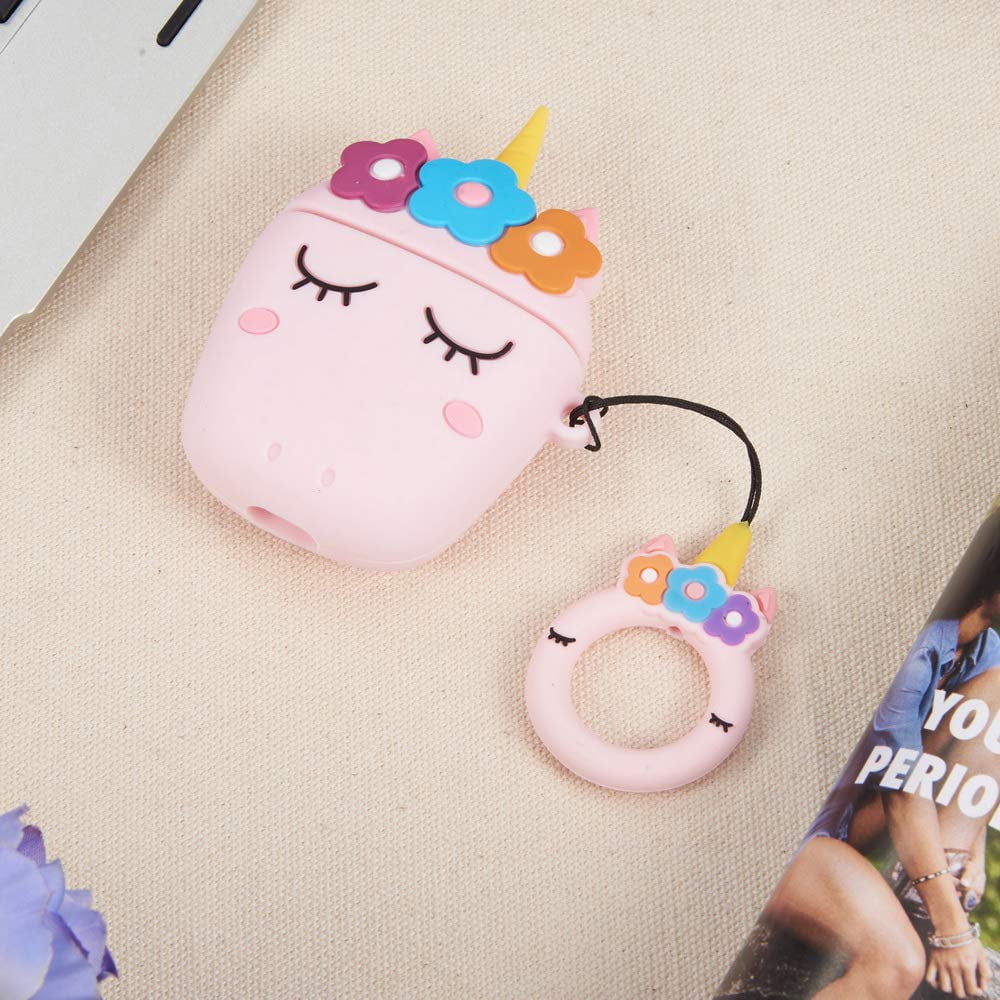 Pink Slim Thin Matte Soft Flexible TPU Silicone Rubber Gel with Keychain Ring 3D Unicorn Flowers Cartoon Fashion Case Bumper Cover Compatible with Apple AirPods Cocomii 3D Unicorn AirPods Case