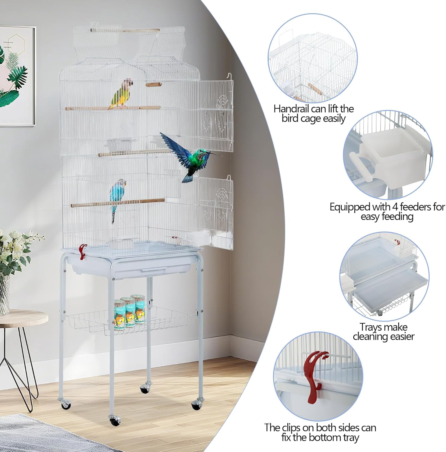 CL.HPAHKL Large Bird Cage, 64 inch Parakeet Cage with Open Play Top & Rolling Stand, Wrought Iron Birdcage for Parrot Cockatiel Cockatoo Lovebird, White