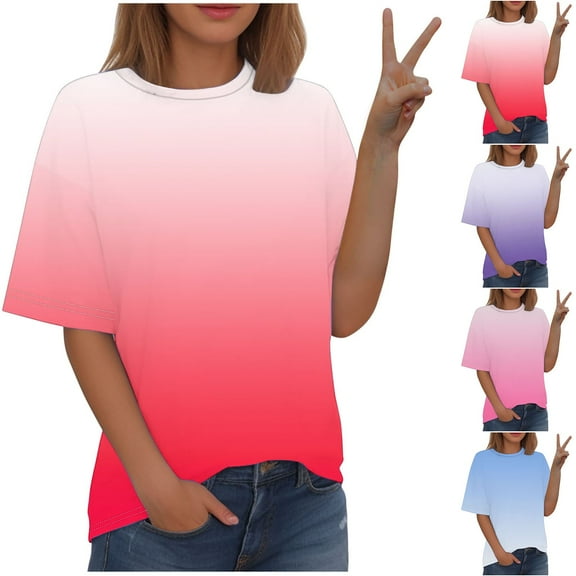 USSUMA Women Clothing Workout Tops for Women Round Neck Short Sleeve Plus Size Tops for Women Gradient Printed Casual Blouse Loose Tshirt Travel Light Blue Polyester Holiday Gift Finder S