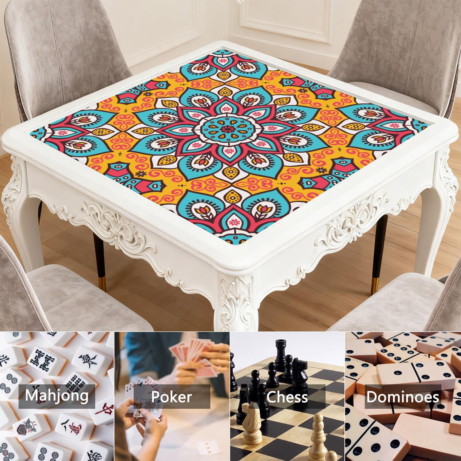 Mandala Mahjong Mat for Table, 31.5*31.5in Anti Slip American Mahjong Table Cloth, Noise Reduction, Neoprene Mah jongg Mat with Carrying Bag & 3 Dices, Mahjong Accessories Gift, Board Tile Games Mats