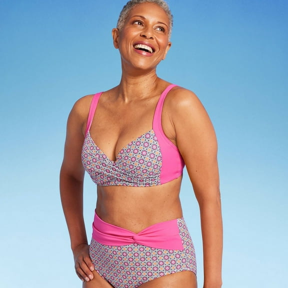 Lands' End Women's UPF 50 Geometric Underwire Twist-Front Bikini Top Pink 12