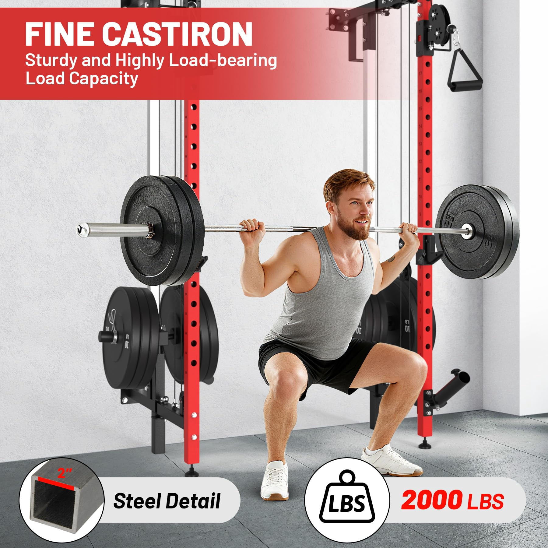 COZONY Folding Wall Mounted Squat Rack with Dual Pulley System & Pull Up Bar, Multi-Function Power Cage for Home Gym,Red