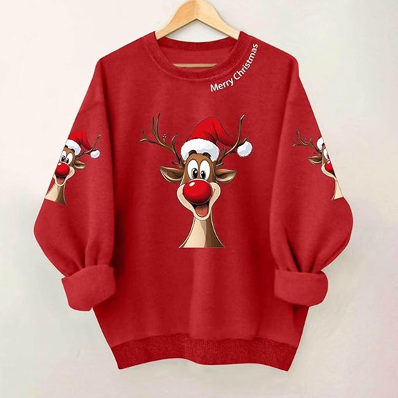 Girls Sweatshirt Childrens Christmas Graphic Crew Neck Long Sleeve Pullover Hoodless Top Red 4-5 Years