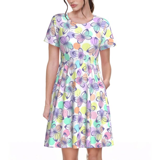 Easygdp Butterflies on Polka Dots para Vestido Transpirable de Mujer, Vestido Suelto de Manga Corta con Pliegues y Bolsillos para el Verano