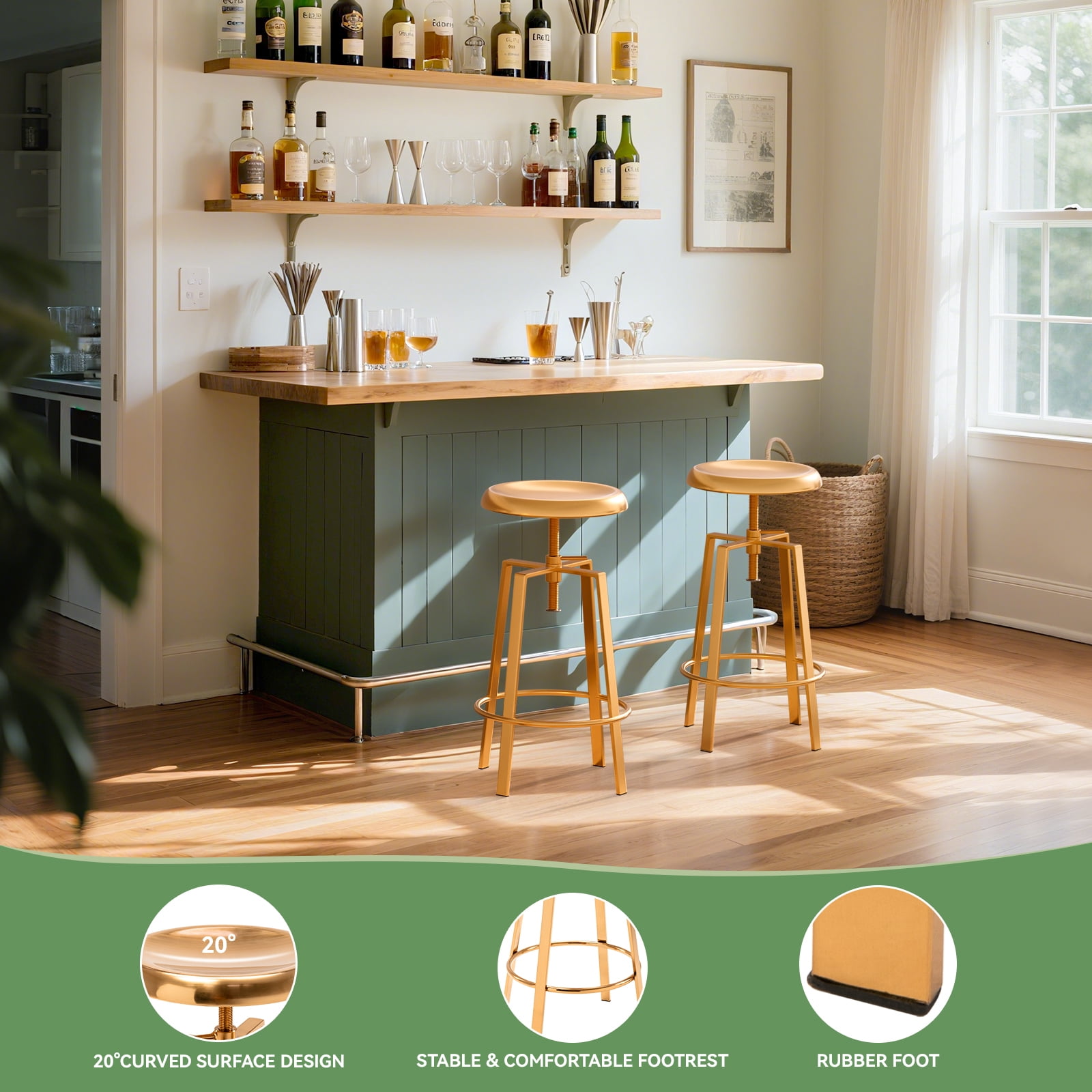 Industrial Bar Stools Set of 2, Metal Adjustable Swivel Four Legged Round Barstools, Atlas Backless Counter Height Bar Chairs for Kitchen Dining, Gold