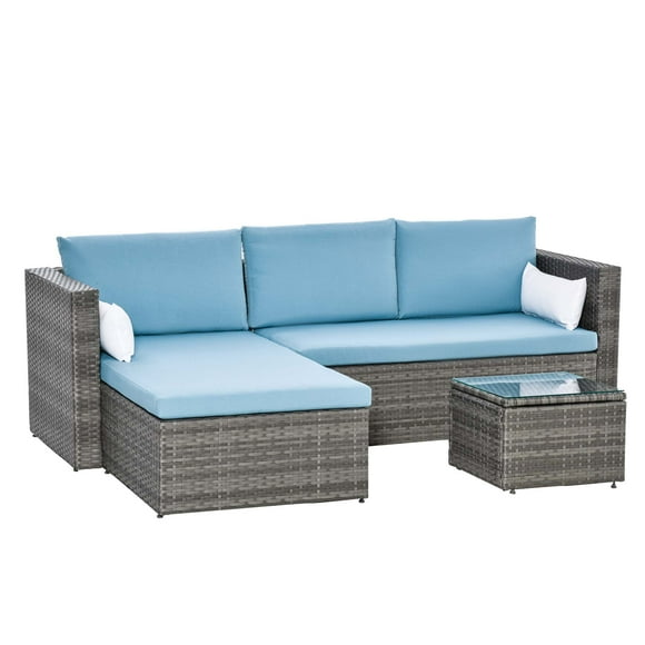 Outsunny 3-Piece Rattan Wicker Patio Coffee Table Sofa Set - Blue