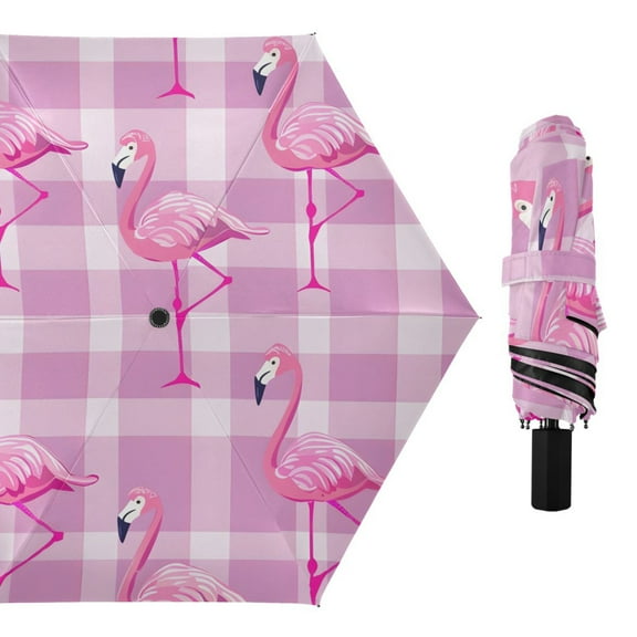 Standing Flamingos All Weather Umbrella Triple Folding Parasol 6 Ribs UV Protection Portable