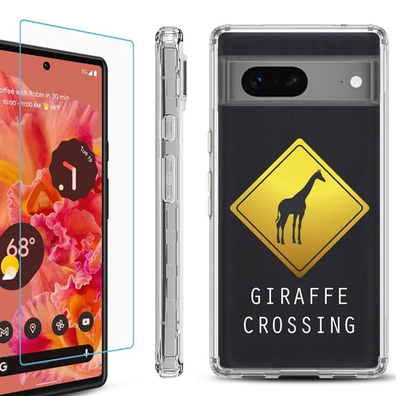 OneToughShield ® for Google Pixel 7a Shockproof Bumper Phone Case, with Tempered Glass Screen Protector - Road Sign Giraffe