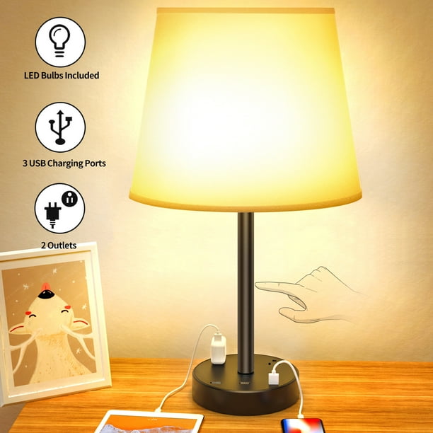 Touch Control Table Lamp Touch Lamp with USB Ports and Outlets, 3 Way