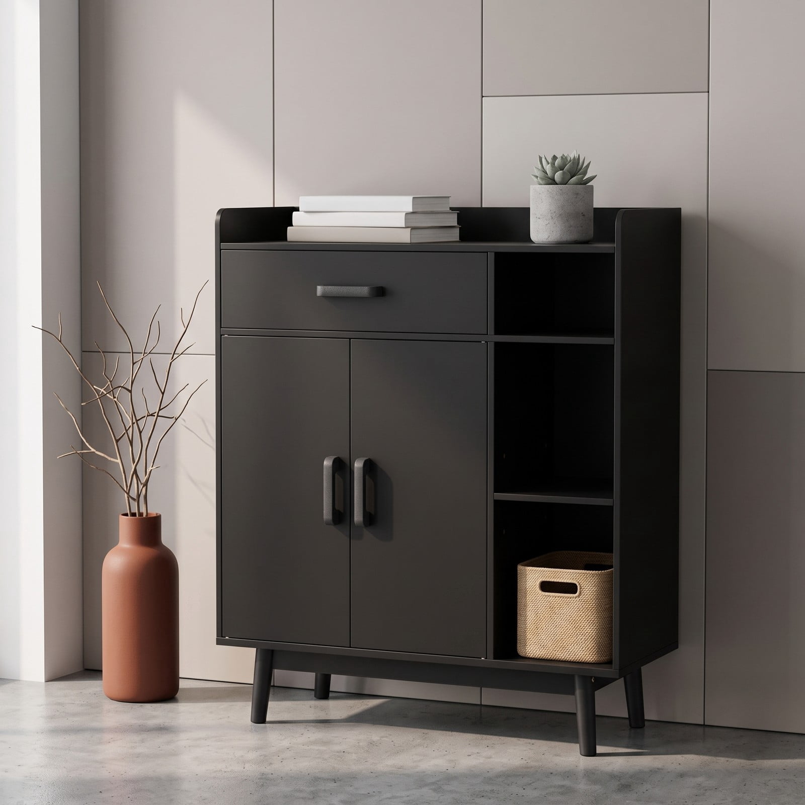 Furnibear Floor Storage Cabinet Free Standing Cupboard Chest with Drawer, Double-Door Cabinet, Adjustable Shelf and 3 Open Display Shelves for Living Room, Black