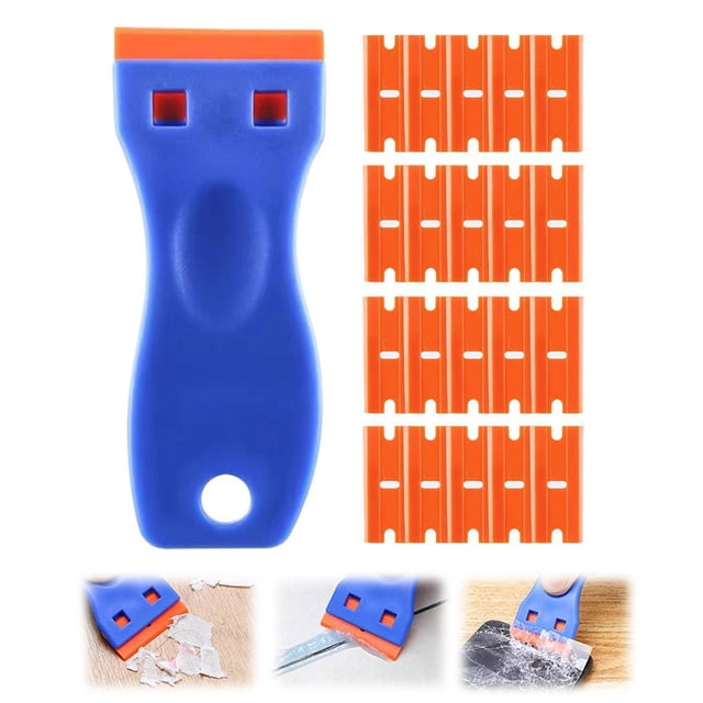 1 Pack Plastic Razors Blades Scraper with 20 Replacement Blades, Non-Scratch Safety Tool for Removing Stickers, Decals, Adhesive Residue, Vinyl, Labels from Glass, Cars, and 3D Printer Beds