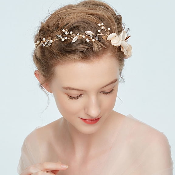 HINTRMENT Golden Leaves Bridal Headpiece with Pearls and Beige Flowers for Decor Use