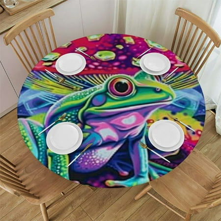 

HAOXIT Psychedelic Mushroom Round Tablecloth -Art Neon Animal Frog Waterproof Antiwrinkle Tablecloths Parties Weddings Kitchen Table Cover 42-46