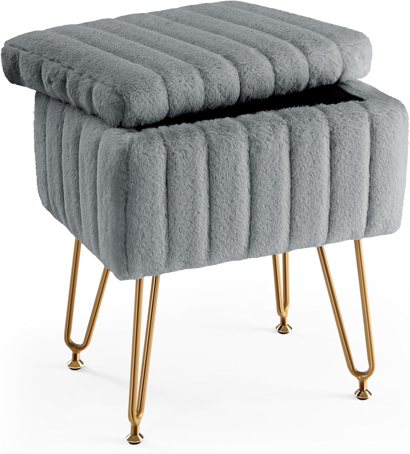 Simenmax Vanity Stool Chair with Storage, Ottoman Faux Fur Soft Padded Makeup Footstools Seat with 4 Metal Legs Anti-Slip Adjustable Feet Modern Cute Small Footrest for Home Entryway Bedroom,Gray