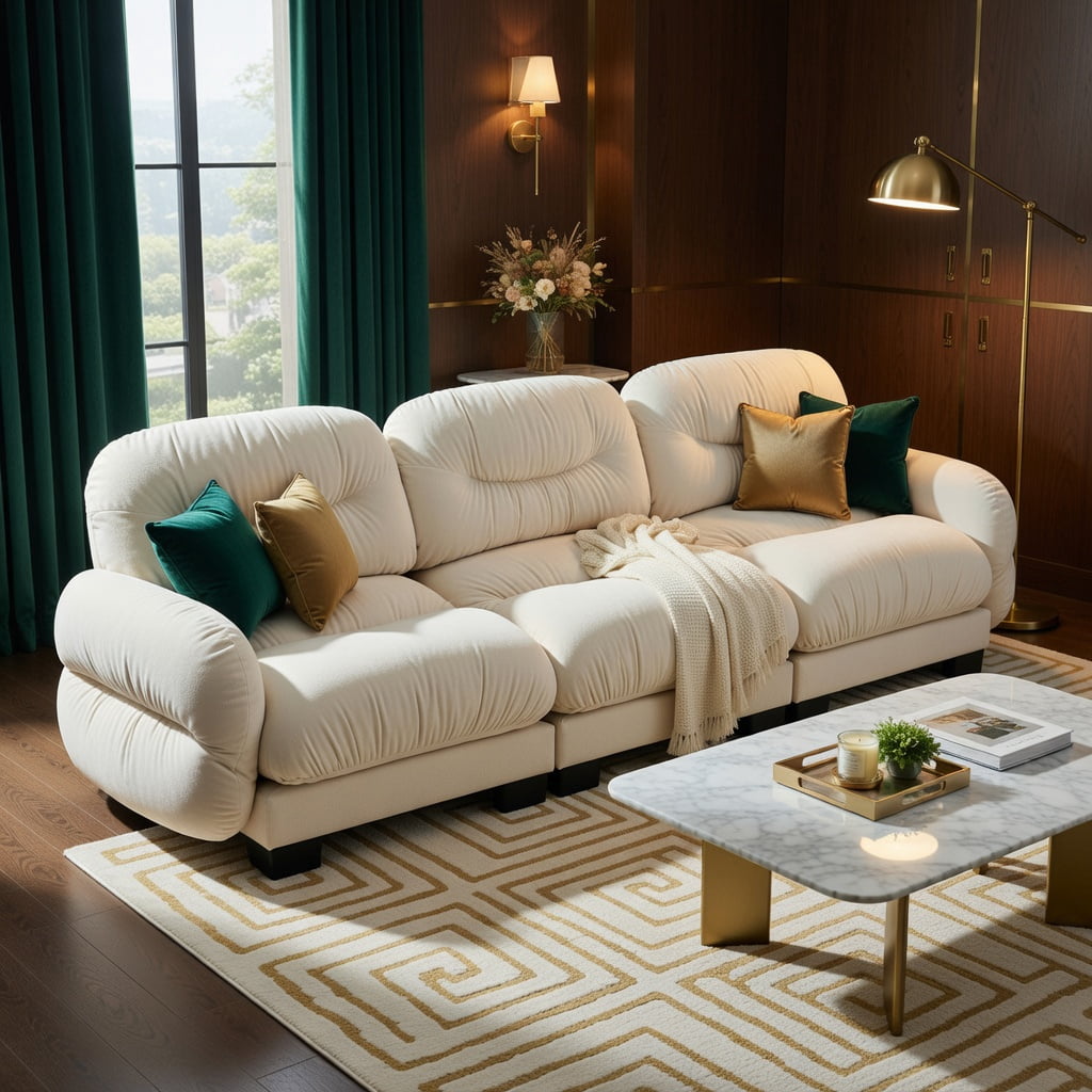 Hommoo Chenille 3-Seater Modular Sofa with Pleated Back Design, Ergonomic High-Density Foam Cushions & Curved Armrests, Includes 2 Round Throw Pillows, Beige
