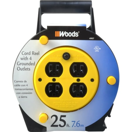 Woods Extension Cord Reel with 4-Outlets 16/3 SJTW and 12A Circuit Breaker,