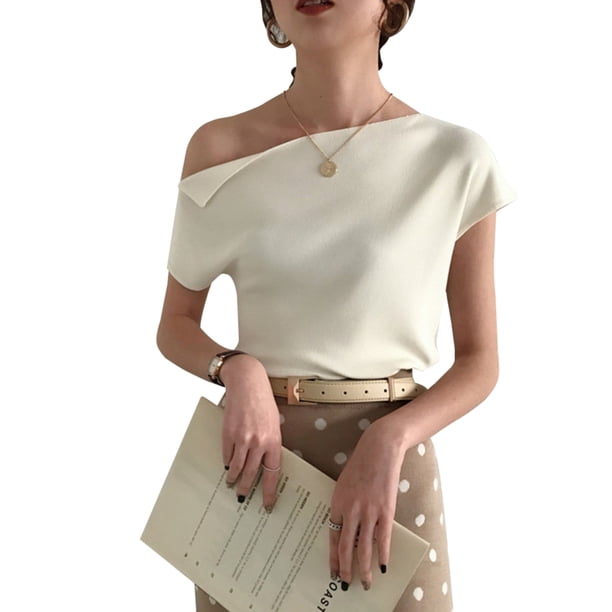 Camisa de punto para mujer, manga corta, hombros descubiertos, delgada, color sólido, top, blanco Monstrate AP001509-01B