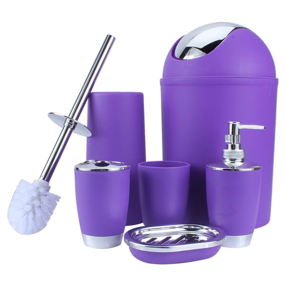 OTVIAP 6 Piece Bathroom Accessories Set,Plastic Bath Ensemble Bath Set Lotion Bottles, Toothbrush Holder, Tooth Mug, Soap Dish, Toilet Brush, Trash Can(Purple),Bathroom Accessory Set