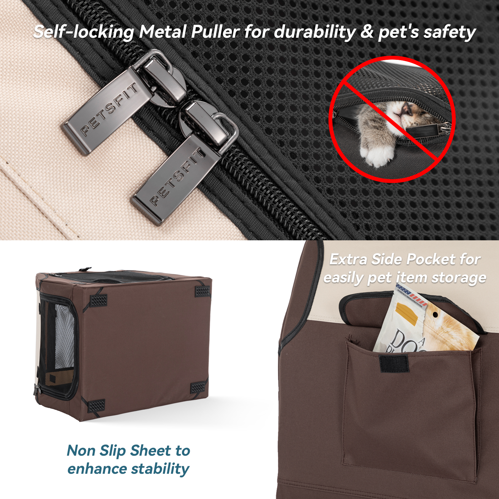 PETSFIT Portable Dog Crate, Collapsible Dog Crate-Lightweight, Foldable & 3 Door Design, Spiral Metal Tube for Adjusting Cloth Cover, Collapsible Soft Dog Kennel, Outdoor & Indoor Use, Brown