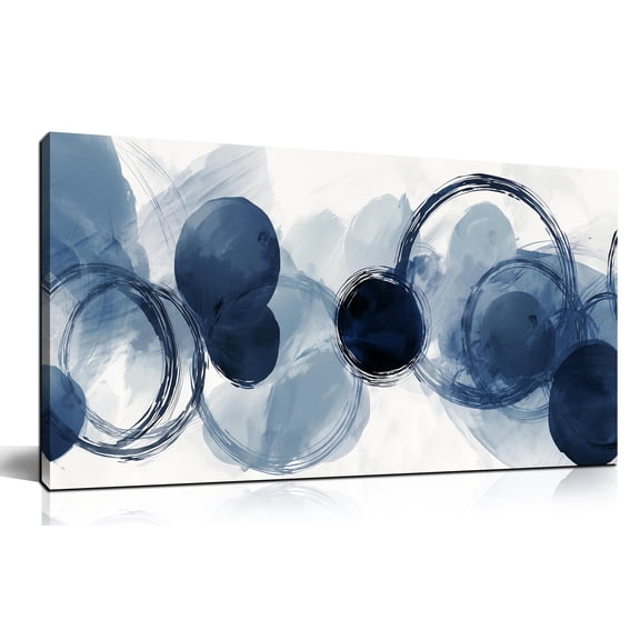 40x20 Inches Blue Watercolor Circle Abstract Canvas Wall Art, Modern Indigo Circular Print Wall Decor, Minimalist Picture for Living Room Bedroom Office Home Decoration