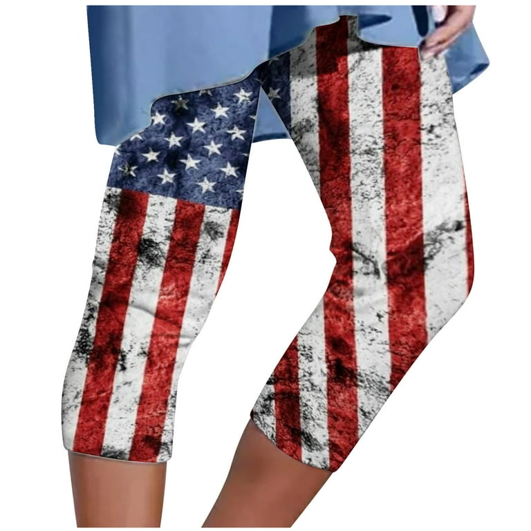Meichang Womens July 4th Capri Pant American Stars and Stripes Print Slim  3/4 Trousers Elastic High Waist Patriotic Below Knee Short