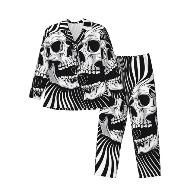 Balery Psychedelic Skull Illusion Art Pijama para Hombre de Dos Piezas con Manga Larga, Conjunto de Dormir y Descanso Suave con Bolsillos-Medium