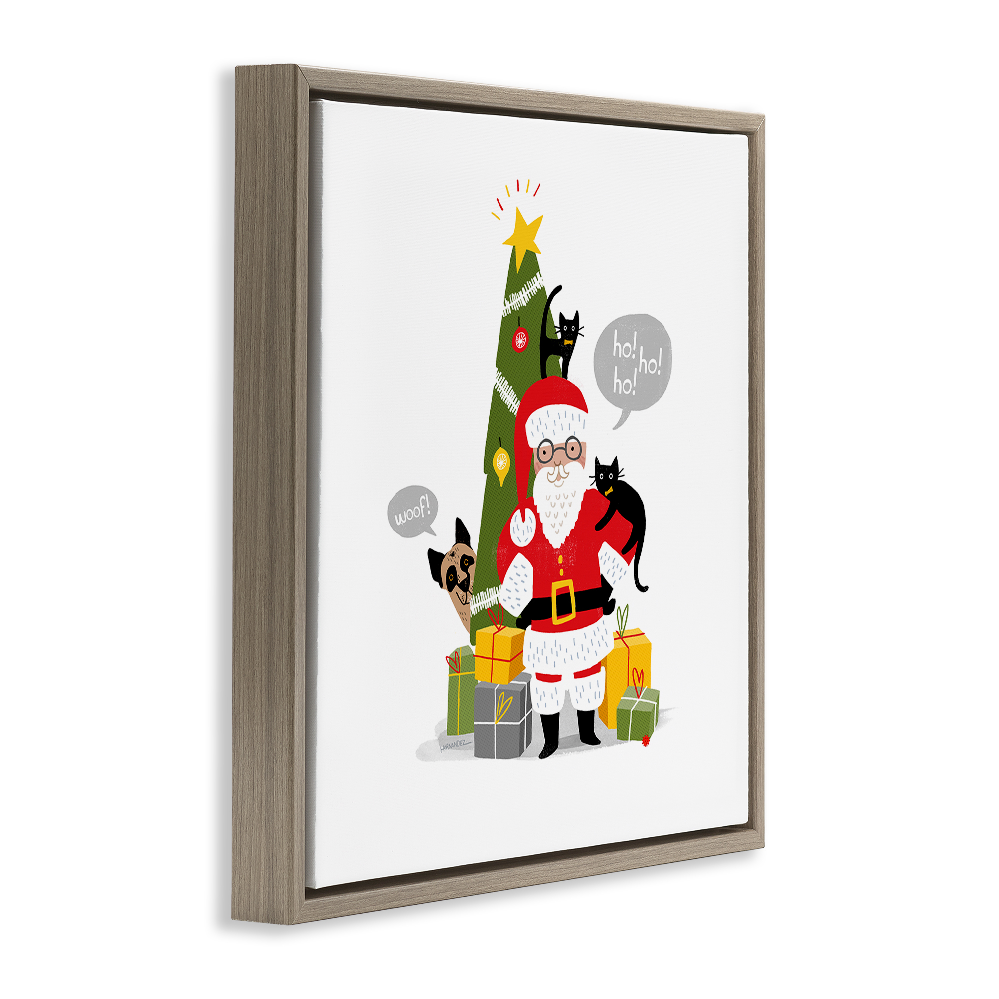 Stupell Industries Santa Paws with Pets Holiday Painting Brown Floater Framed Canvas Art Prints Wall Art, 18 x 18