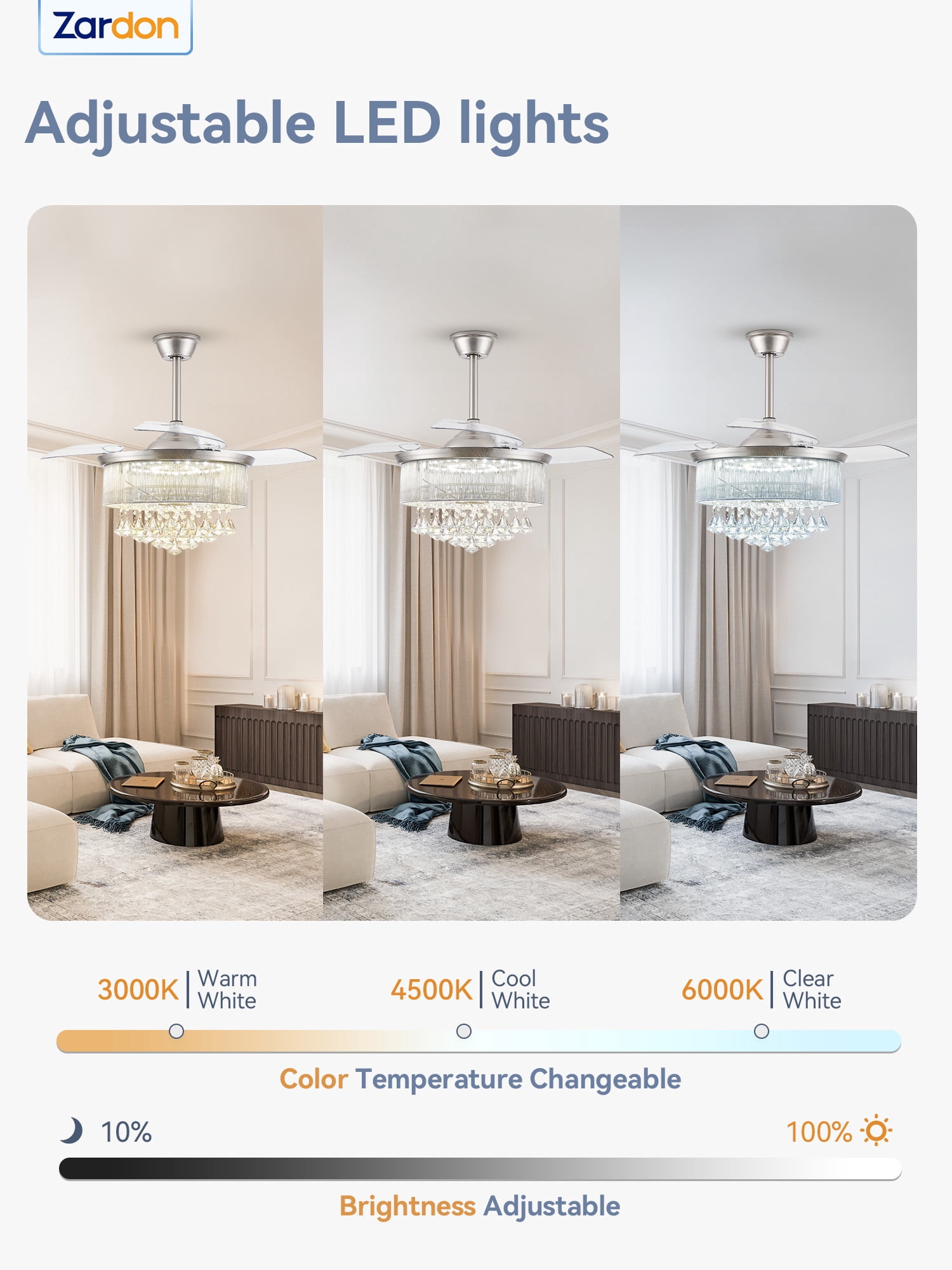 Zardon 42in Ceiling Fans with Light and Remote Control, Crystal Fandeliers with Reversible 6 Speeds, for Indoor, Nickel