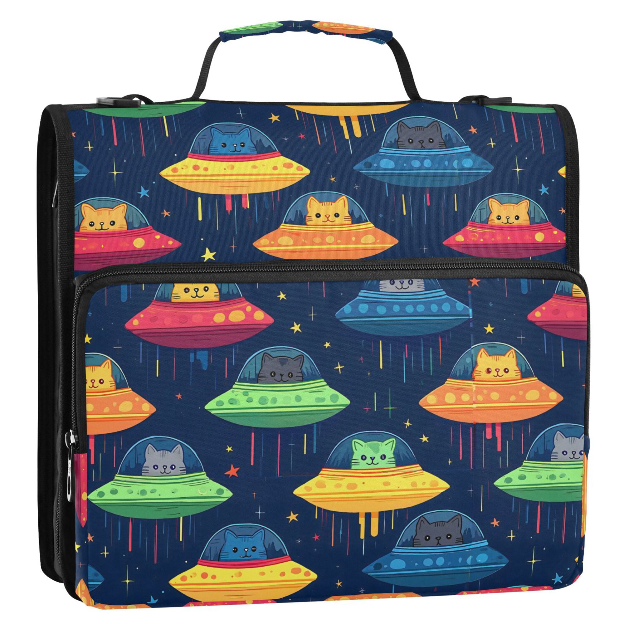 FORMRS Zipper Binder with Shoulder Strap 2-inch Ring 500 Sheet Capacity File Bag, Rainbow Space Cat