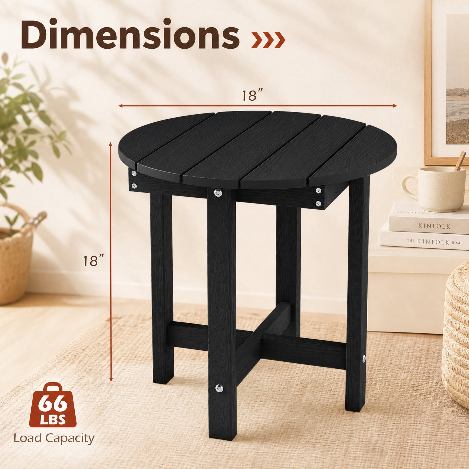 Biotree 18 Inch Adirondack Side Table Outdoor, Weatherproof HIPS Slatted End Table with X-Base and 66 lbs Capacity for Deck Backyard Poolside, Black
