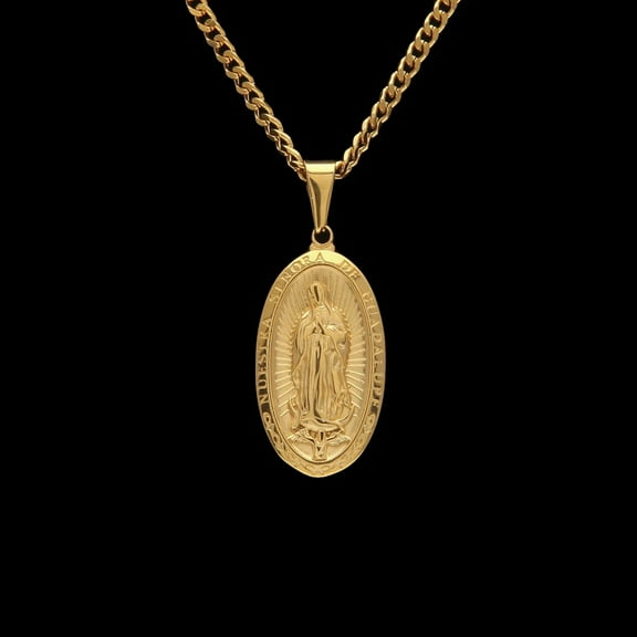 Catholic Religious Virgin Mary Necklace Pendant 14K Yellow Gold Cross Medallion Women Men Christian Jewelry