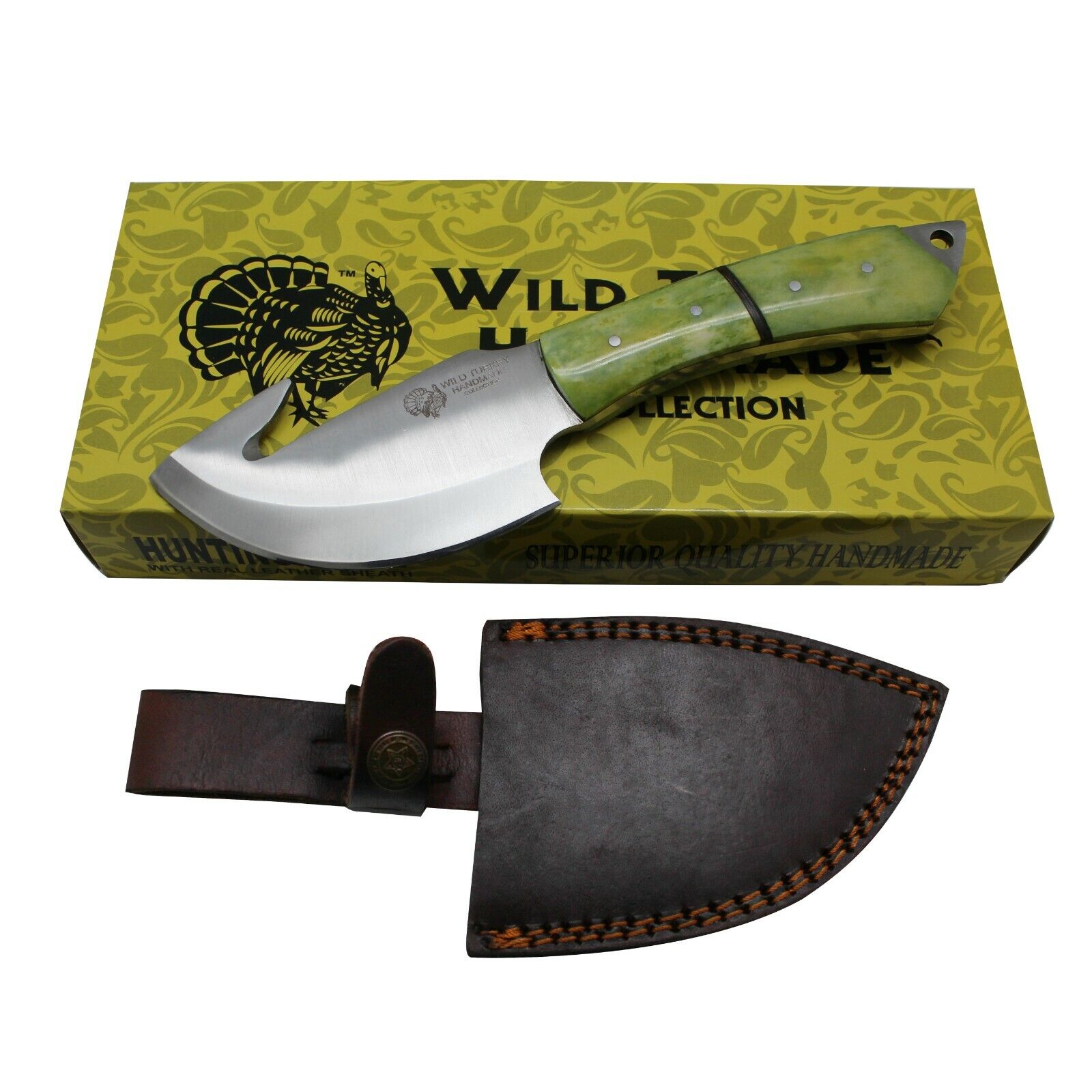 9.5" Green Gut Hook Fixed Blade Handmade Hunting Knife with Sheath