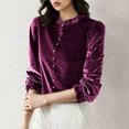 thumbnail image 4 of Women's Long Sleeve Velvet Shirts Soft Crew Neck Dressy Casual Blouses with Ruffled Detailing Solid Color Tops (XL, Purple), 4 of 7