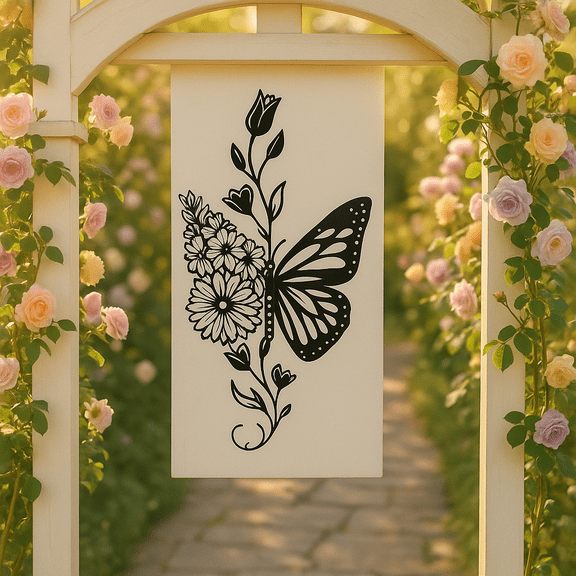 HELLOYOUNG 15.75 Inch  Large Butterfly & Flower Iron Art – Exquisite Carvings Butterfly Metal Wall Sculpture Elegant Design for Garden and Patio Outdoor Decor