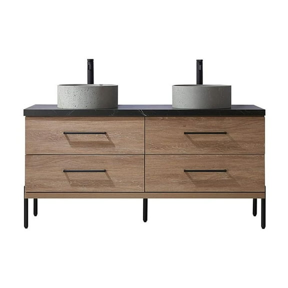Trento 60" Double Sink Bath Vanity in North American Oak w/ Black Sintered Stone