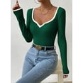 thumbnail image 2 of Women'S Sweetheart Neck Long Sleeve T Shirt Rib Knitted Contrast Binding Tee Tops Green S, 2 of 6