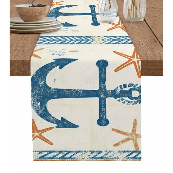 Nautical Anchor Blue Burlap Cotton Table Runner 13x48 Inches Long, Summer Coastal Starfish Farmhouse Table Runners, Outdoor Dining Tablecloths Decor for Baby Shower/Party/Wedding