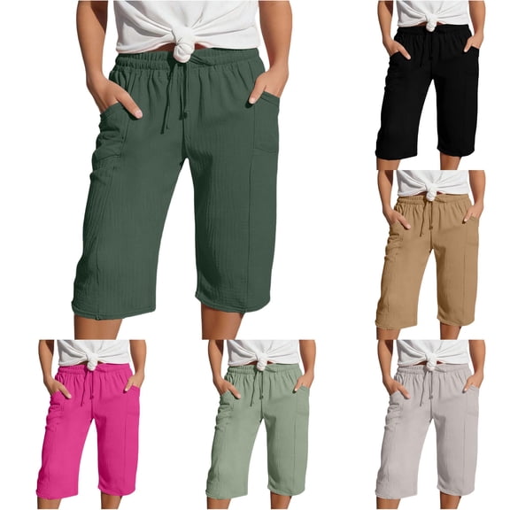 Weebloom Cotton Linen Shorts For Teen Girls High Waisted With Pockets Beach Pants For Kids With Fit Solid Color Casual Trousers Dark Green 14-15 Years