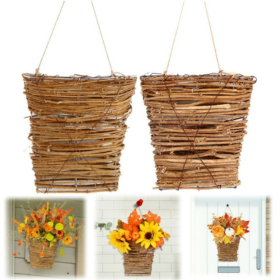 2 Pcs Artificial Autumn Flower Hanging Baskets,Fall Front Door Decor,Sunflower Rattan Basket,for Thanksgiving Farmhouse Porch Home Decorations