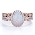 thumbnail image 1 of JeenMata Anillo de Compromiso con Trío de Ópalo de Fuego Azul Ovalado y Moissanita de 2 Uds Antiguo Engastado en Oro Rosa de 18 K sobre Plata, 1 of 6