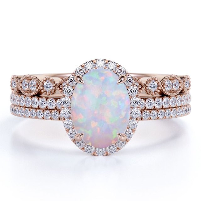 JeenMata Anillo de Compromiso con Trío de Ópalo de Fuego Azul Ovalado y Moissanita de 2 Uds Antiguo Engastado en Oro Rosa de 18 K sobre Plata